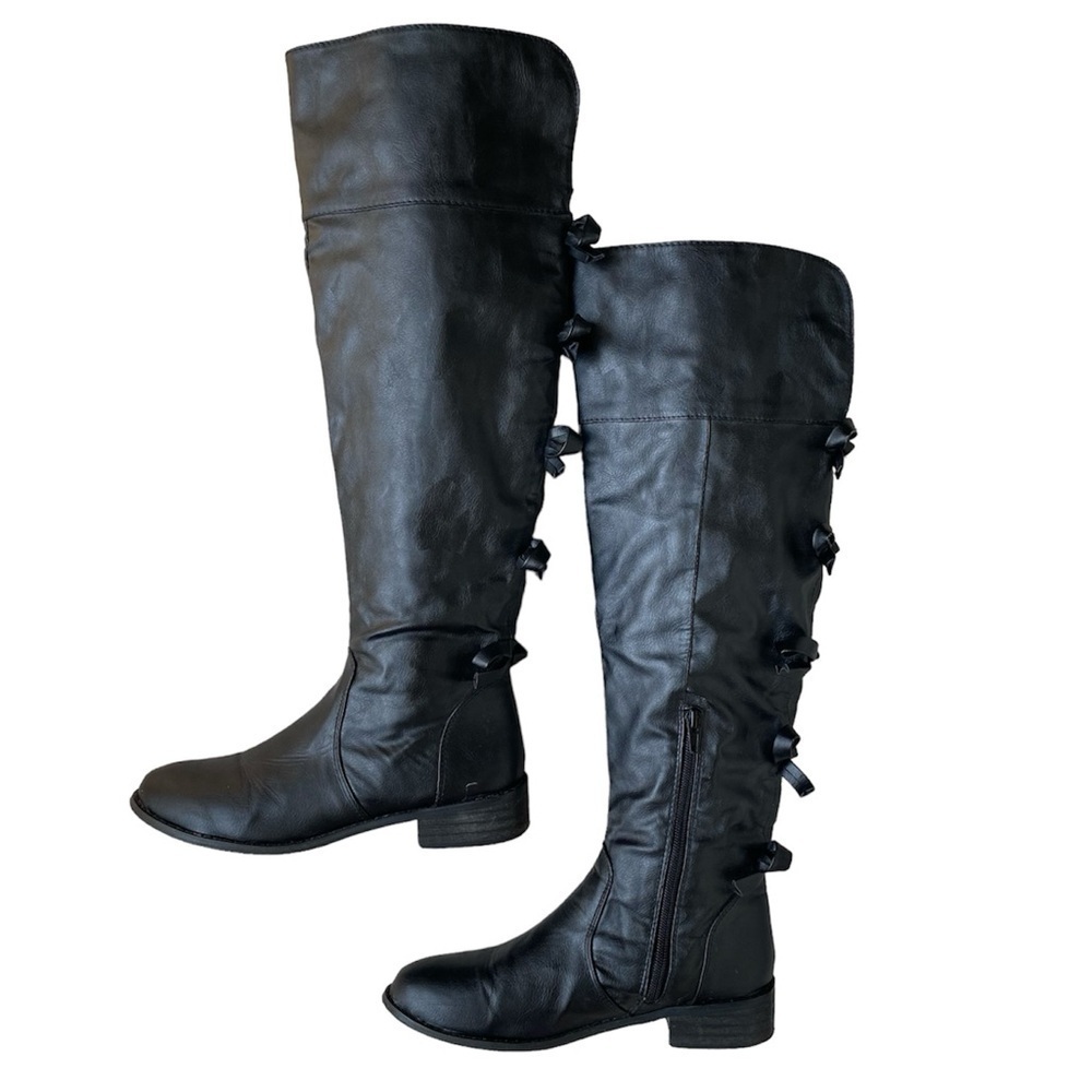 A.X.N.Y. Knee High Boots Bow Back Black Vegan Leather Women Size 7 - Picture 6 of 14